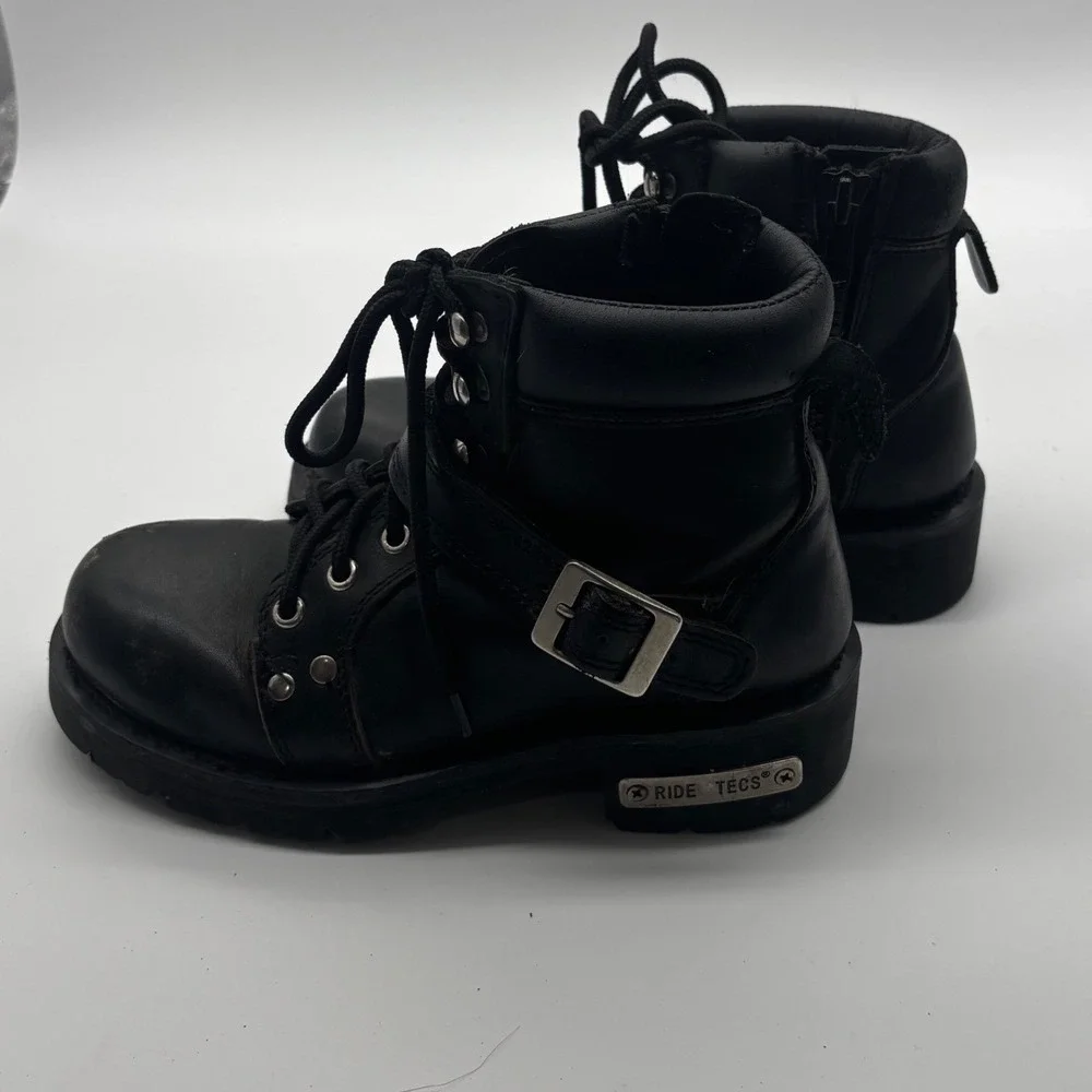 Ride Tecs Mens Black Leather Motorcycle Boots Lace Up Side Zip Lug Sole size 6